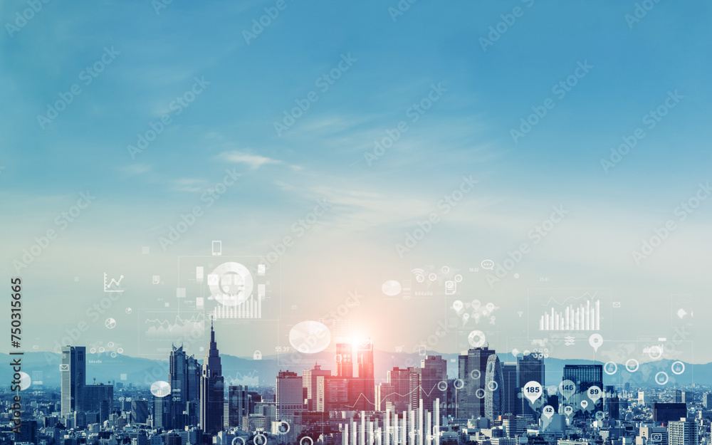 Poster modern city and digital technology concept. smart city. digital transformation. visual with copy spa