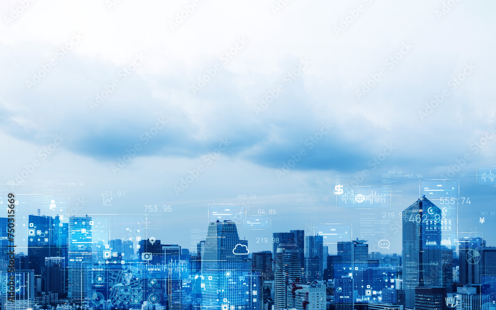 Poster modern city and digital technology concept. smart city. digital transformation. visual with copy spa