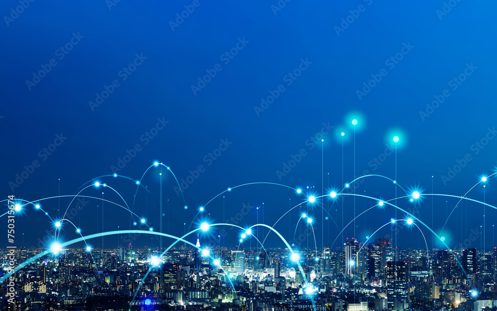 Fototapete Modern city and wireless communication network concept. Smart city. Digital transformation. Visual with copy space for advertisements and banners