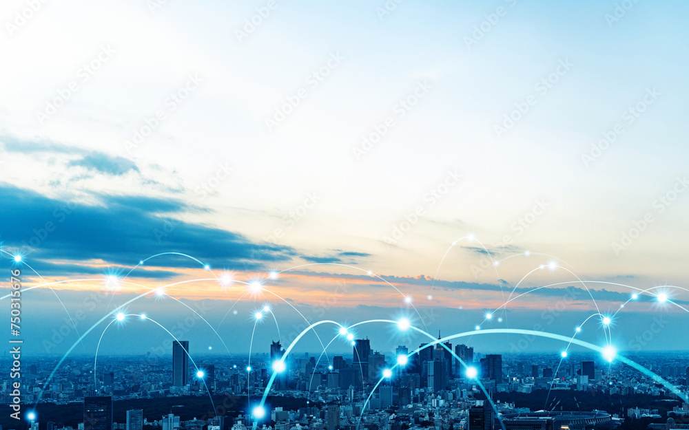 Poster modern city and wireless communication network concept. smart city. digital transformation. visual w
