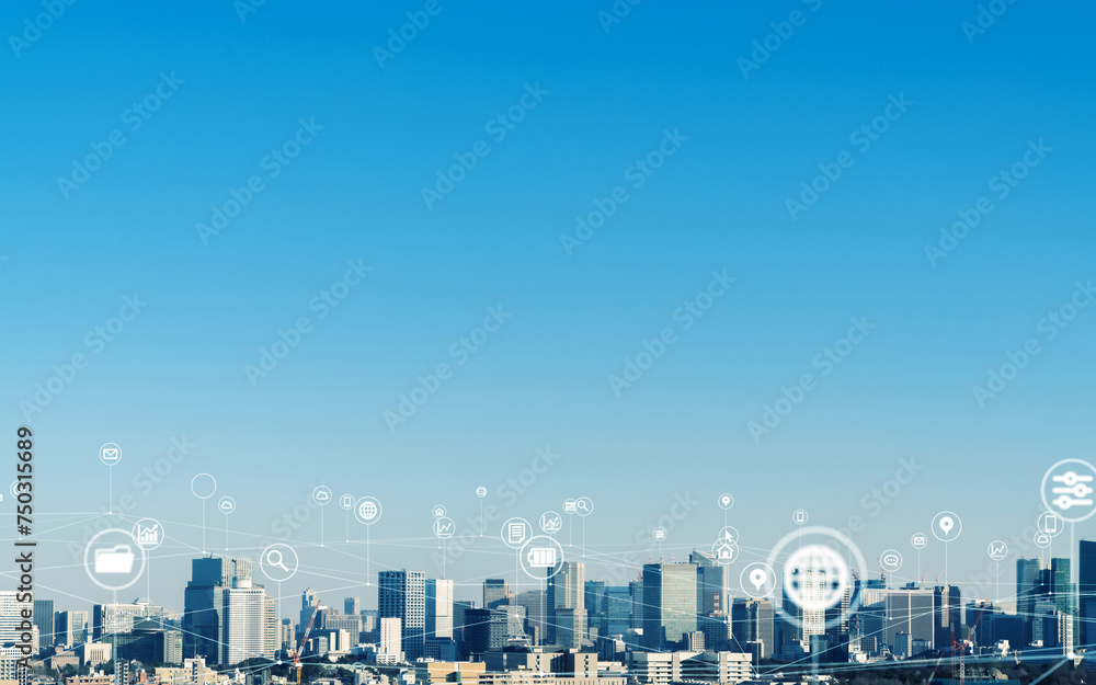 Aufkleber modern city and wireless communication network concept. smart city. digital transformation. visual w