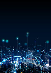 Modern city and wireless communication network concept. Smart city. Digital transformation. Vertical visual for advertisements and banners. © metamorworks