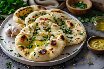 Soft and fluffy naan bread brushed with herb butter and garlic, served on a handmade white plate in natural food style.




