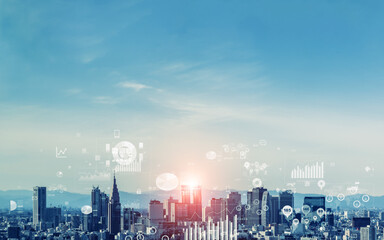 Fototapeta premium Modern city and digital technology concept. Smart city. Digital transformation. Visual with copy space for advertisements and banners