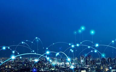 Modern city and wireless communication network concept. Smart city. Digital transformation. Visual...
