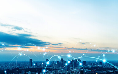 Modern city and wireless communication network concept. Smart city. Digital transformation. Visual with copy space for advertisements and banners