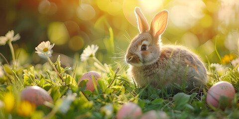 Fototapeta na wymiar A small fluffy red rabbit on a spring blooming forest fire close-up, a concept for the spring holidays of Easter.AI Generative