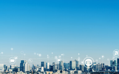 Modern city and wireless communication network concept. Smart city. Digital transformation. Visual...