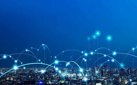 Modern city and wireless communication network concept. Smart city. Digital transformation. Visual with copy space for advertisements and banners