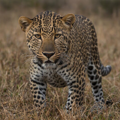 Javan leopard close up with grass background