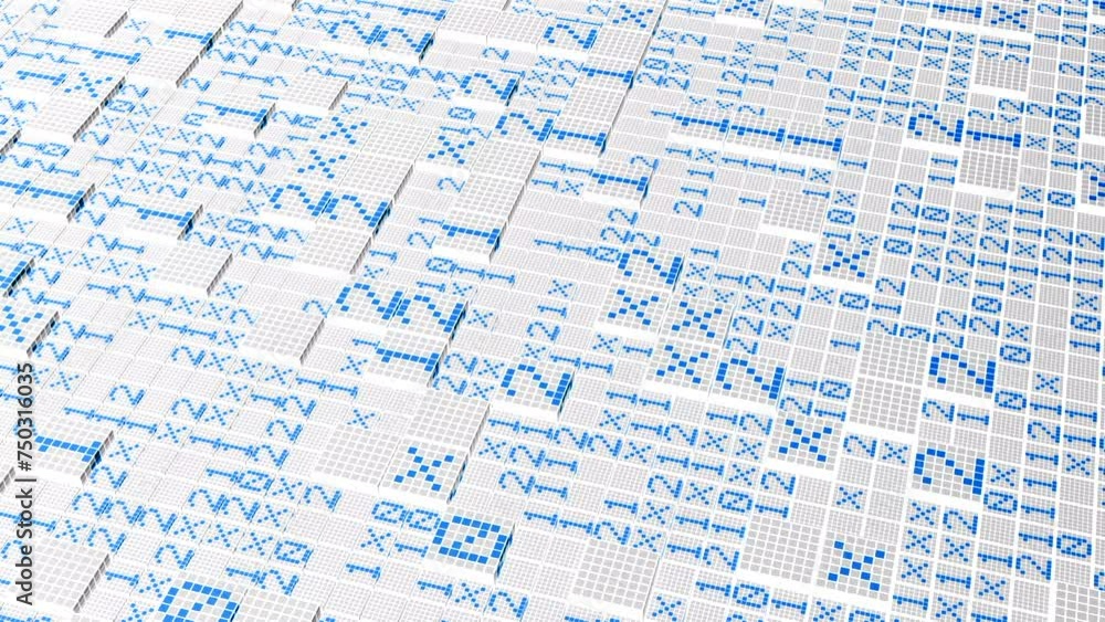 Poster abstract mosaic square tiles, creative coding. motion. tiles with numbers with code.