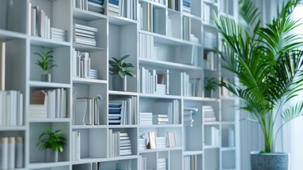 3d illustration of white shelves for decoration and a library in the interior