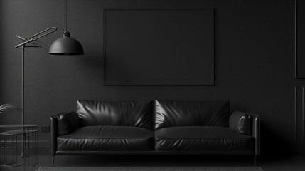 Black living room interior with leather sofa, minimalist industrial style, 3d render