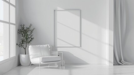 Fototapeta na wymiar Bright living room design, poster mockup in white room interior, Scandinavian style, 3d render