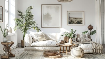 Bright living room design, poster mockup in white room interior, Scandinavian style, 3d render