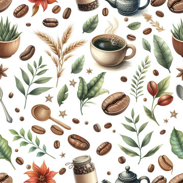 seamless background with coffee beans water color.