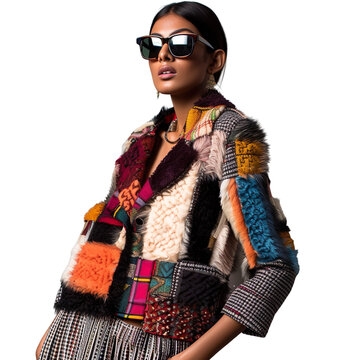 Front view mid body shot of an alluringly glamorous female Indian model wearing a trendy patchwork fur coat with sunglasses on a transparent white background