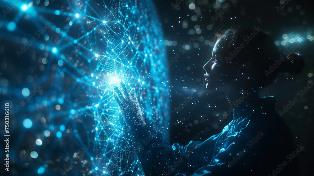 Aufkleber ai, machine learning, hands of a human touching on big data network connection, data exchange, deep 