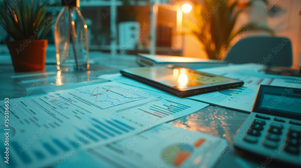 Poster a table with a bunch of papers and a calculator