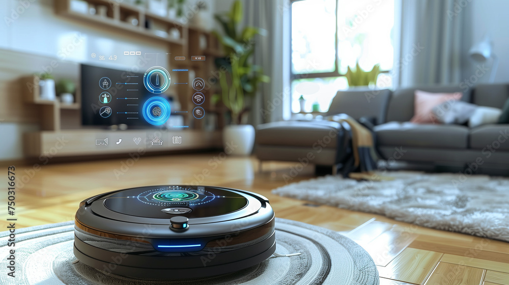 Poster wireless vacuum cleaner machine robot in a living room with hud datum data and controls, concept of 