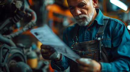 mechanic engineer worker maintaining car records on a clipboard at the repair shop, Close-up Of A Mature Mechanic Maintaining Car Records