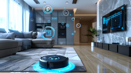 wireless futuristic vacuum cleaner machine robot in a living room, concept of internet of things and smart home appliance with floating icons in room