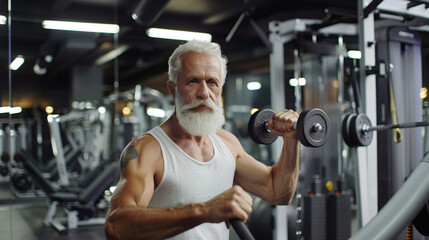 Senior man with a beard lifting weights at the gym, showcasing healthy lifestyle and fitness in old age.
