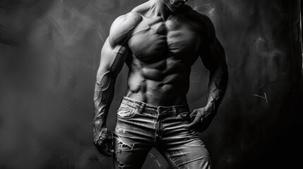 Fototapeta na wymiar Black and white photo of a muscular man with well-defined abs posing in jeans against a dark background.