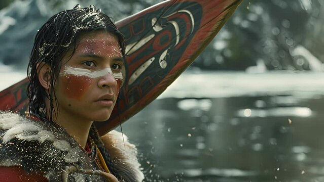 A Tlingit warrior carries a canoe on his back showcasing his strength and resourcefulness in defending his communitys waterways.