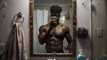 Fototapeta na wymiar Fit young man taking a selfie in the mirror, showcasing a muscular physique in a bathroom setting.