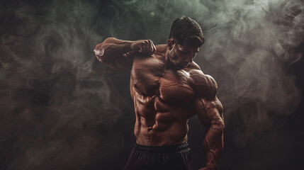 Fototapeta na wymiar Muscled male athlete posing in a dramatic smoky atmosphere, showcasing strength and fitness.