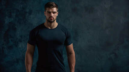 Confident muscular man in a black t-shirt posing against a dark textured background.