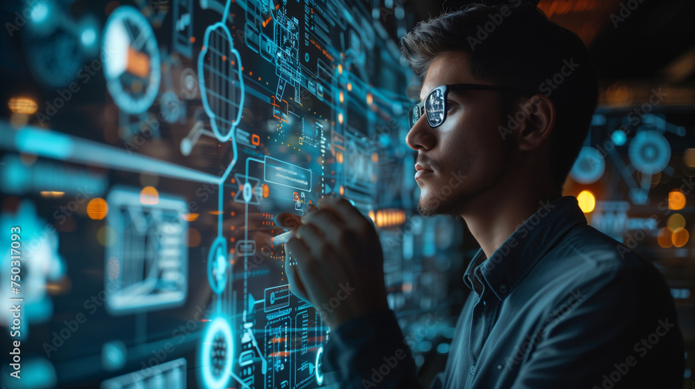 Poster businessman show virtual graphic global internet connect, artificial intelligence, using command for