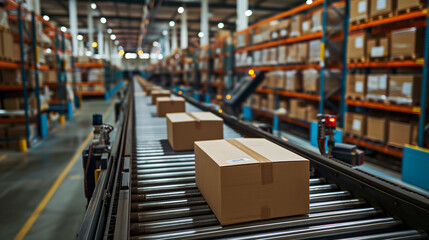conveyor belt in a distribution warehouse with a row of cardboard box packages for e-commerce delivery and automated logistics concept,