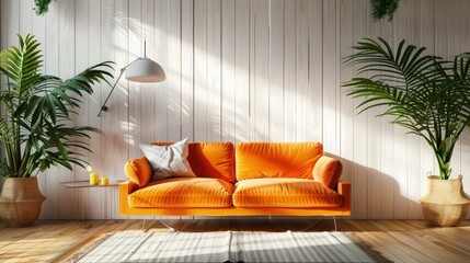 Cozy orange sofa in modern white wooden wall in empty room with plants orange juice carpet and floor lamp on wooden planks parquet floor. Architecture and interior concept. 3D illustration rendering