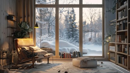 Cozy scandinavian style living room with a rack, a comfortable seat and a table lamp in winter.