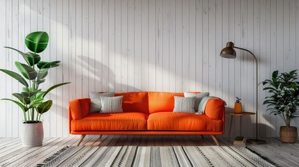 Cozy orange sofa in modern white wooden wall in empty room with plants orange juice carpet and floor lamp on wooden planks parquet floor. Architecture and interior concept. 3D illustration rendering