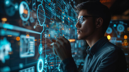 businessman show virtual graphic Global Internet connect, Artificial Intelligence, using command for generates something, Futuristic technology transformation.