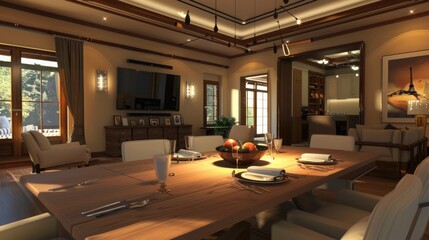 Dining room interior view from the dining table to the living room television screen. render