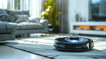 wireless futuristic vacuum cleaner cleaning machine robot in a living room 