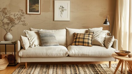 Domestic and cozy interior of living room with beige sofa with carpet, pillow, plaid, coffee table and personal accessories. Beige wall. Home decor. Template.
