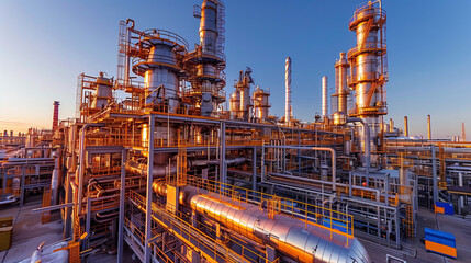 oil and gas power plant refinery with storage tanks facility for oil production or petrochemical factory infrastructure - obrazy, fototapety, plakaty