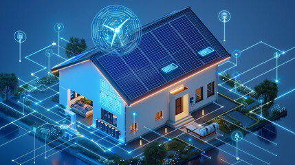 Sustainability illustration saves planet earth with eco-friendly technologies. A House with solar energy panels, and an electric car with a battery backup on the wall. and windmil Vector illustration. - obrazy, fototapety, plakaty
