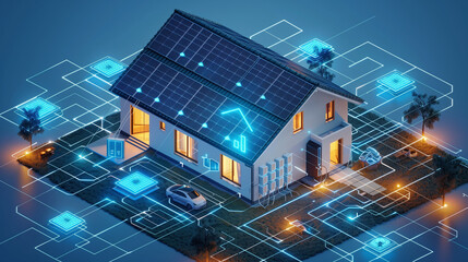 Sustainability illustration eco-friendly technologies. A House with solar energy panels, and an electric car with a battery backup on the wall. Vector illustration. - obrazy, fototapety, plakaty