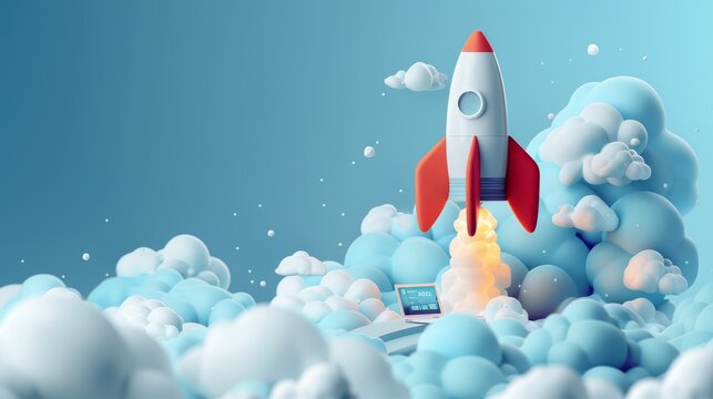 3d render rocket launch on computer laptop. new business start-up ideas. learning knowledge creativity. business success concept. 3d rendering illustration cartoon minimal style.