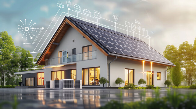 Renewable or clean energy generation Green eco-friendly symbols energy efficient light bulb, a battery, a solar cell panel, a wind turbine.