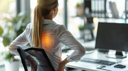  highlighted spine of a full body of a woman with neck and back pain in the office, medical concept, office syndrome, a woman with neck and back pain in a bright office	