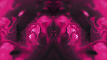 Fluid art. Neon fractal. Defocused pink black color glowing shiny wet ink spill mix symmetrical...
