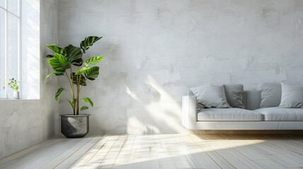 Empty Modern Living Room with white Wall and Plant. 3d Render