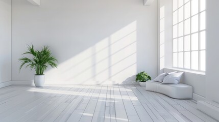 Empty Modern Living Room with white Wall and Plant. 3d Render